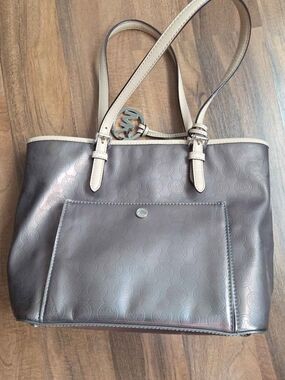 Michael Kors Taupe Embossed MK Logo Tote with Cream Straps